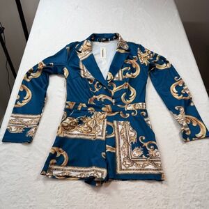 CBR Baroque Blazer Romper Womens Size M Teal Gold NWT Long Sleeve Ornate Luxe